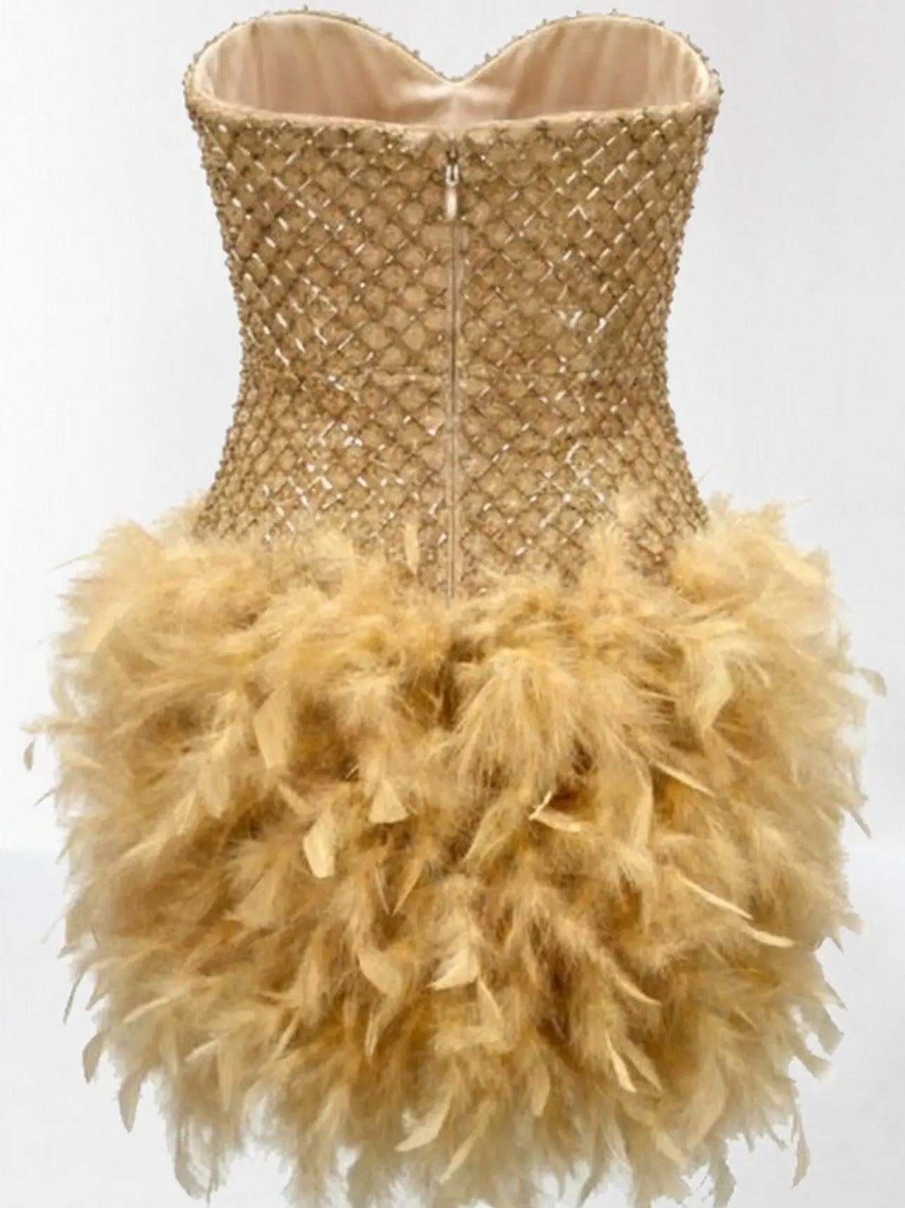 Gold Strapless Beaded Mini Dress with Feather Skirt - Dresses