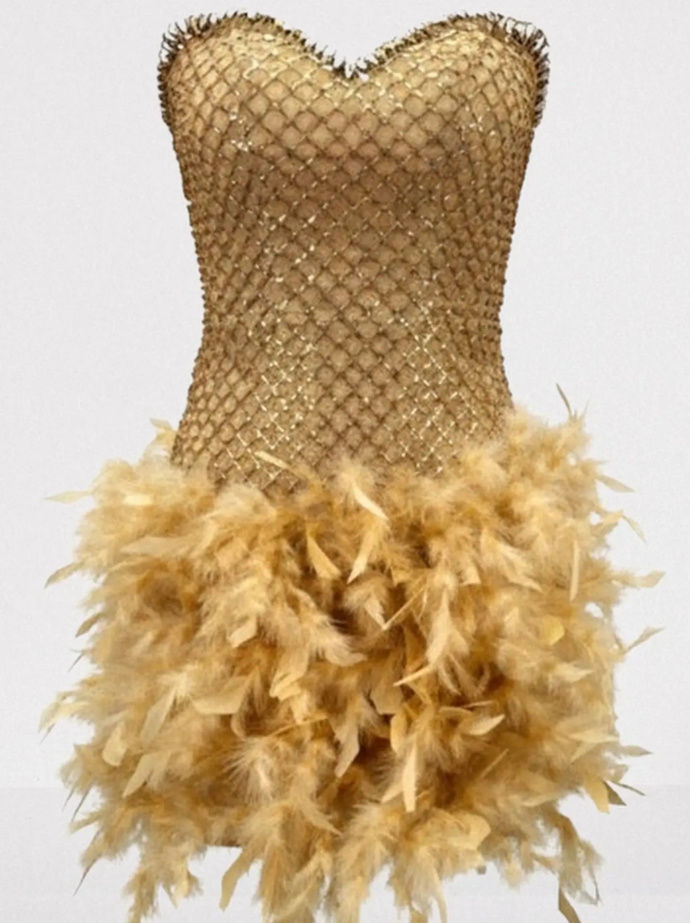 Gold Strapless Beaded Mini Dress with Feather Skirt - Dresses