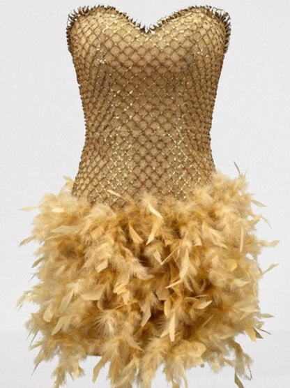 Gold Strapless Beaded Mini Dress with Feather Skirt - Dresses