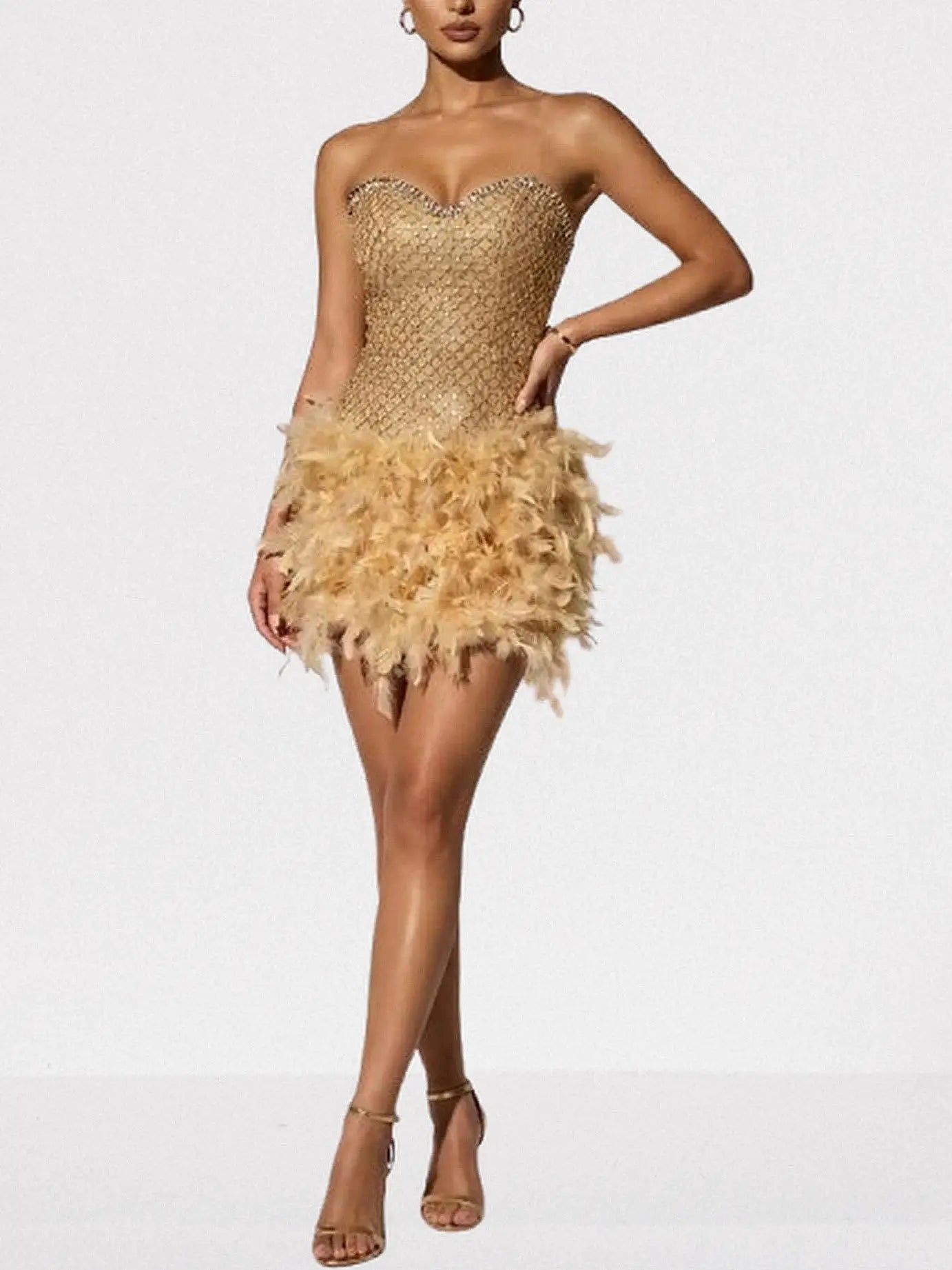 Gold Strapless Beaded Mini Dress with Feather Skirt - Dresses