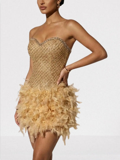 Gold Strapless Beaded Mini Dress with Feather Skirt - Dresses