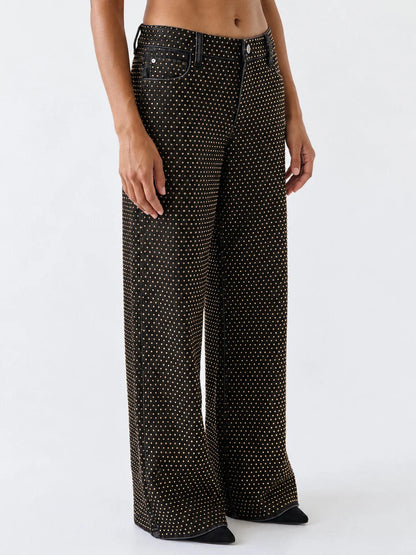 Gold Studded Black Wide Leg Jeans - Jeans & Pants