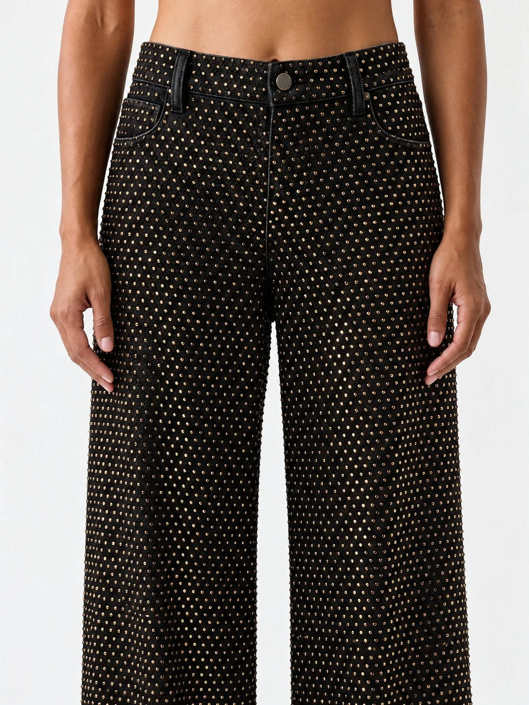 Gold Studded Black Wide Leg Jeans - Jeans & Pants