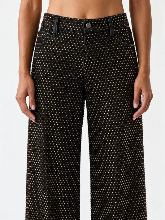 Gold Studded Black Wide Leg Jeans - Jeans & Pants