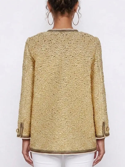 Gold Textured Collarless Jacket with Silk Lining - Jackets