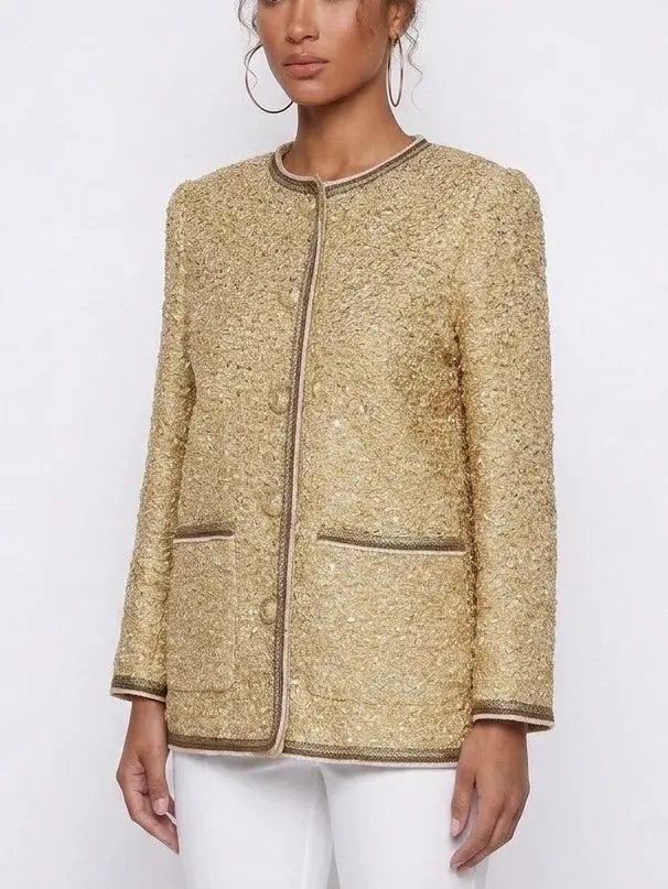 Gold Textured Collarless Jacket with Silk Lining - Jackets