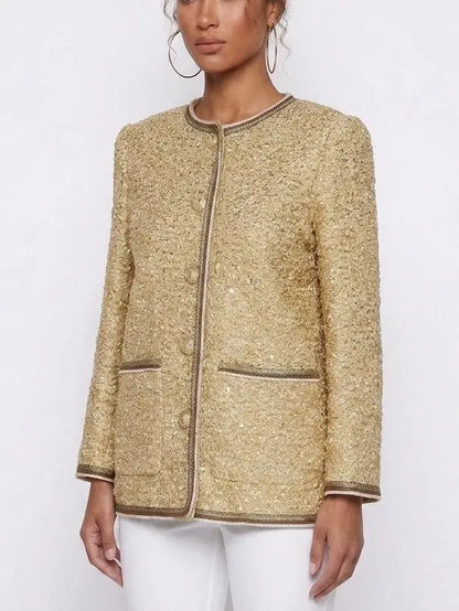 Gold Textured Collarless Jacket with Silk Lining - Jackets