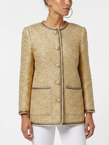 Gold Textured Collarless Jacket with Silk Lining - Jackets