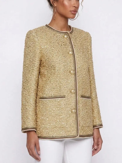 Gold Textured Collarless Jacket with Silk Lining - Jackets
