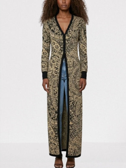 Gold & Black Paisley Knit Longline Cardigan - S - Sweaters & Knitwear