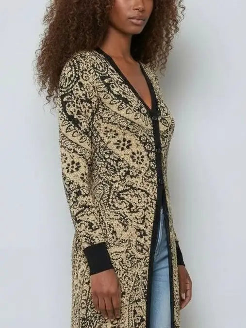 Gold & Black Paisley Knit Longline Cardigan - Sweaters & Knitwear