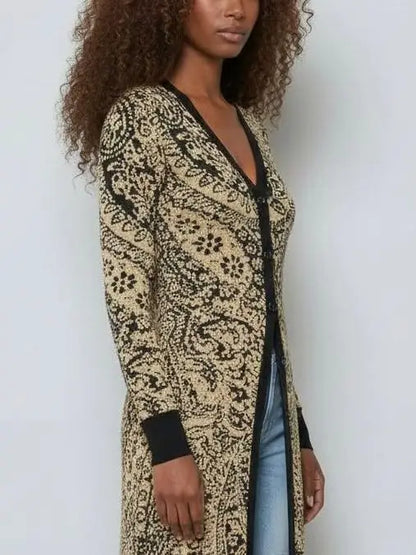 Gold & Black Paisley Knit Longline Cardigan - Sweaters & Knitwear