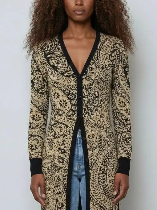 Gold & Black Paisley Knit Longline Cardigan - Sweaters & Knitwear
