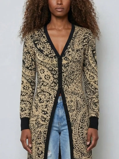 Gold & Black Paisley Knit Longline Cardigan - Sweaters & Knitwear
