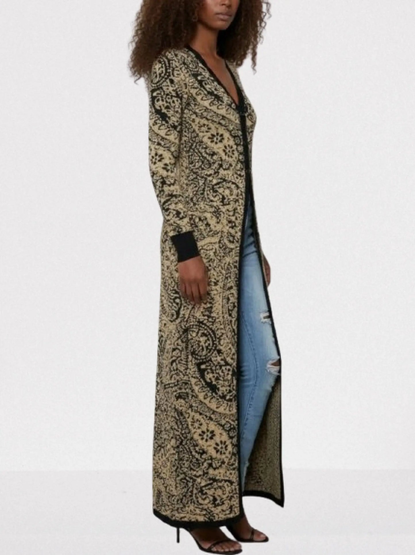 Gold & Black Paisley Knit Longline Cardigan - Sweaters & Knitwear
