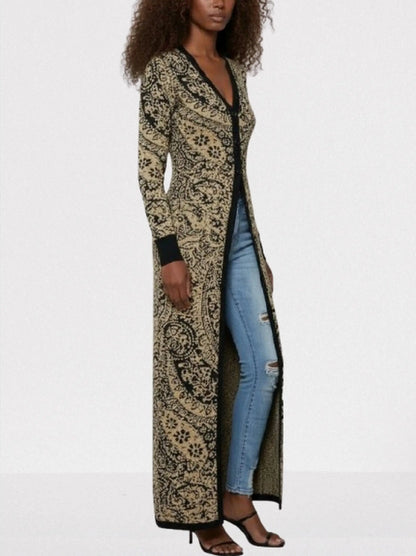 Gold & Black Paisley Knit Longline Cardigan - Sweaters & Knitwear