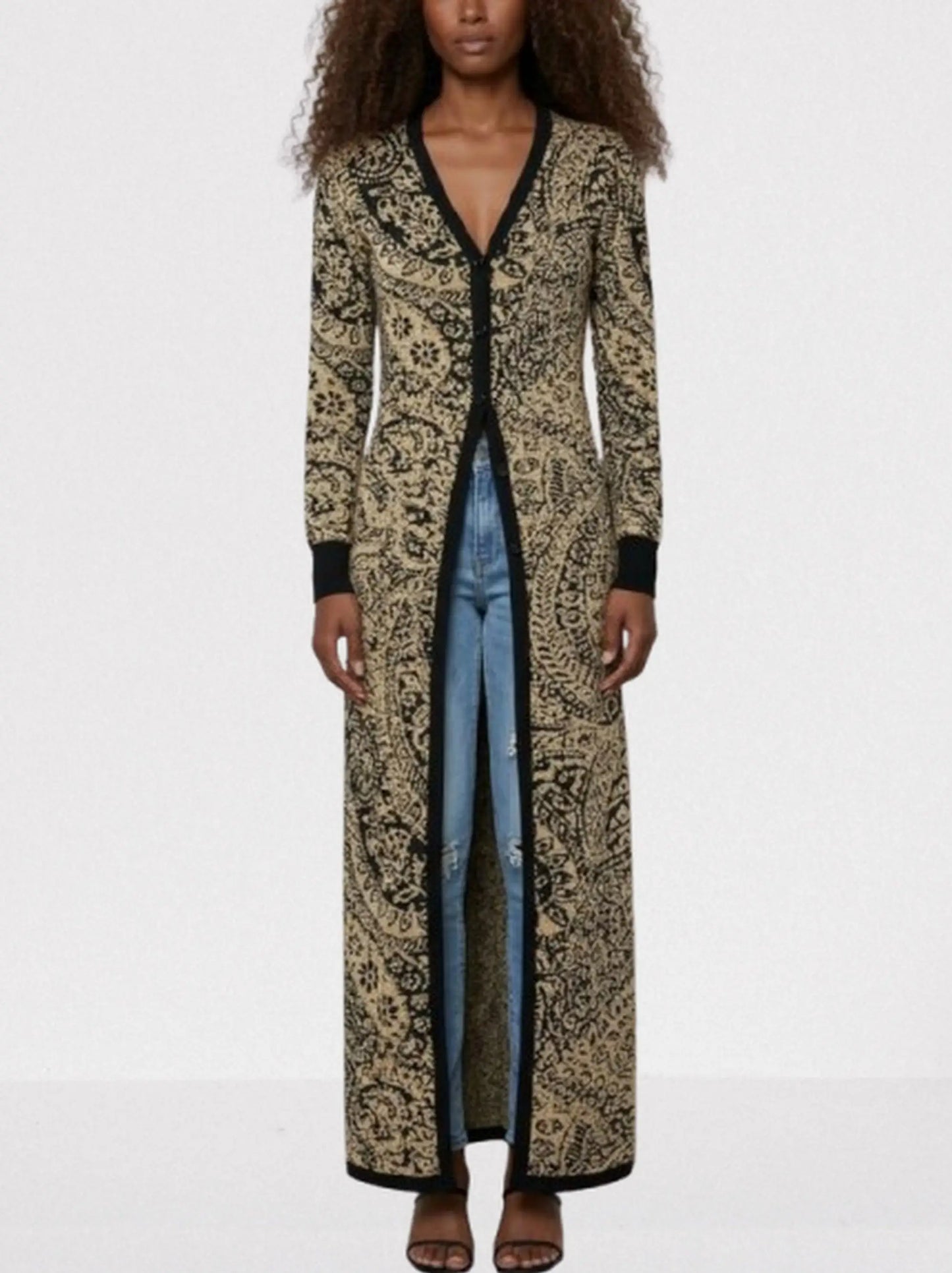 Gold & Black Paisley Knit Longline Cardigan - Sweaters & Knitwear
