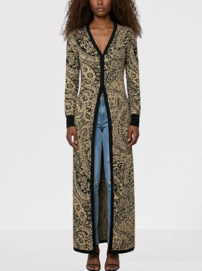 Gold & Black Paisley Knit Longline Cardigan - Sweaters & Knitwear