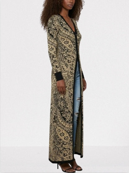 Gold & Black Paisley Knit Longline Cardigan - Sweaters & Knitwear