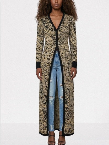 Gold & Black Paisley Knit Longline Cardigan - Sweaters & Knitwear