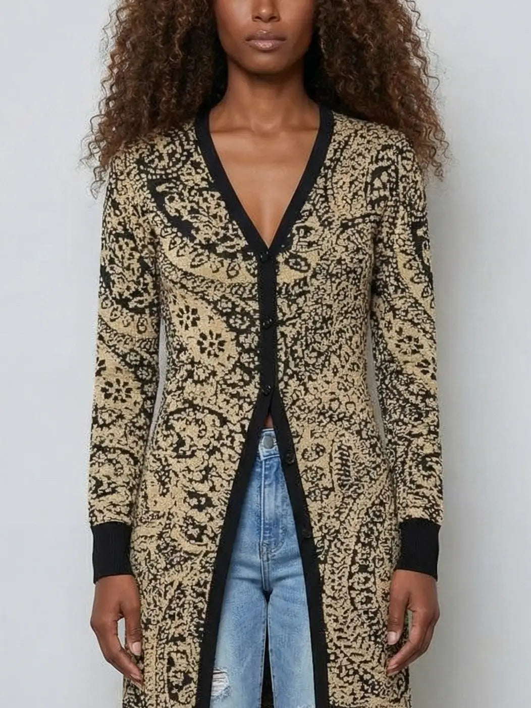 Gold & Black Paisley Knit Longline Cardigan - Sweaters & Knitwear