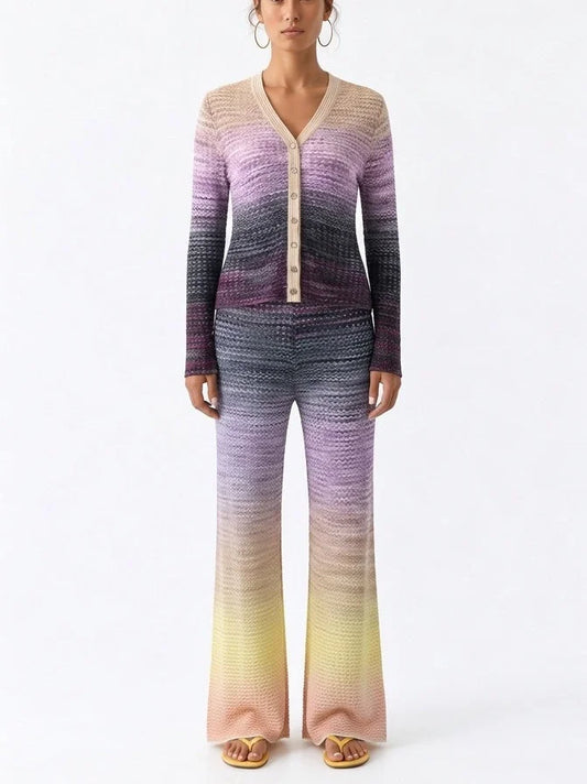 Gradient Knit Cardigan and Flared Pants Set - S - Suits & Sets