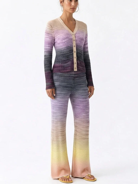 Gradient Knit Cardigan and Flared Pants Set - Suits & Sets