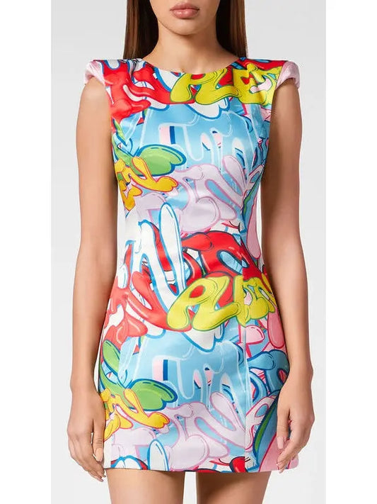 Graffiti Printed Mini Shift Dress in Multicolor - Branna Couture