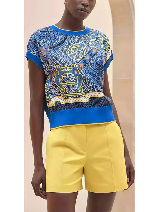 Graphic Printed Short-Sleeve Sweater in Blue - Branna Couture