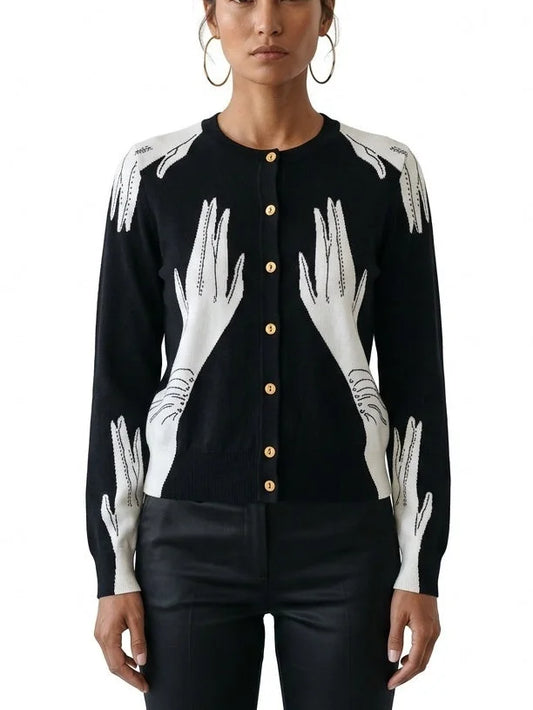 Graphic Hand Motif Wool Cardigan - Small - Sweaters & Knitwear