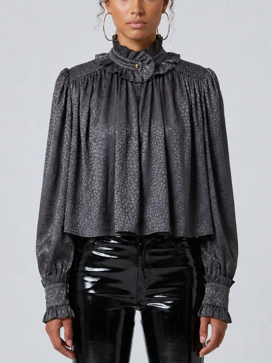 Graphite Ruffle Neck Gathered Blouse - Small - Tops