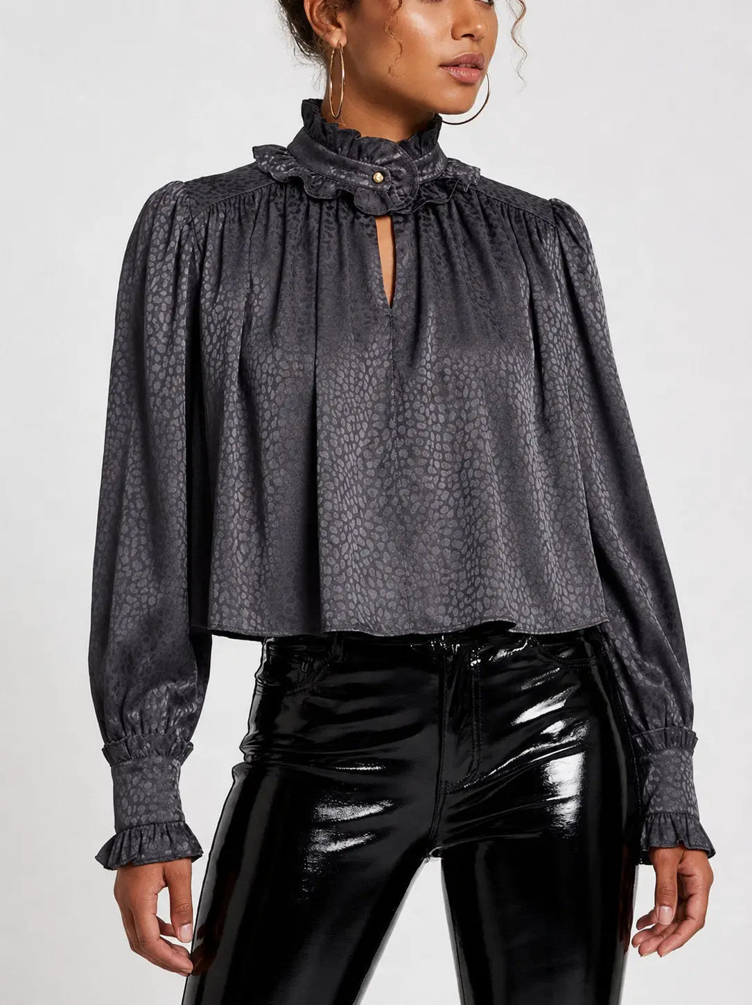 Graphite Ruffle Neck Gathered Blouse - Tops