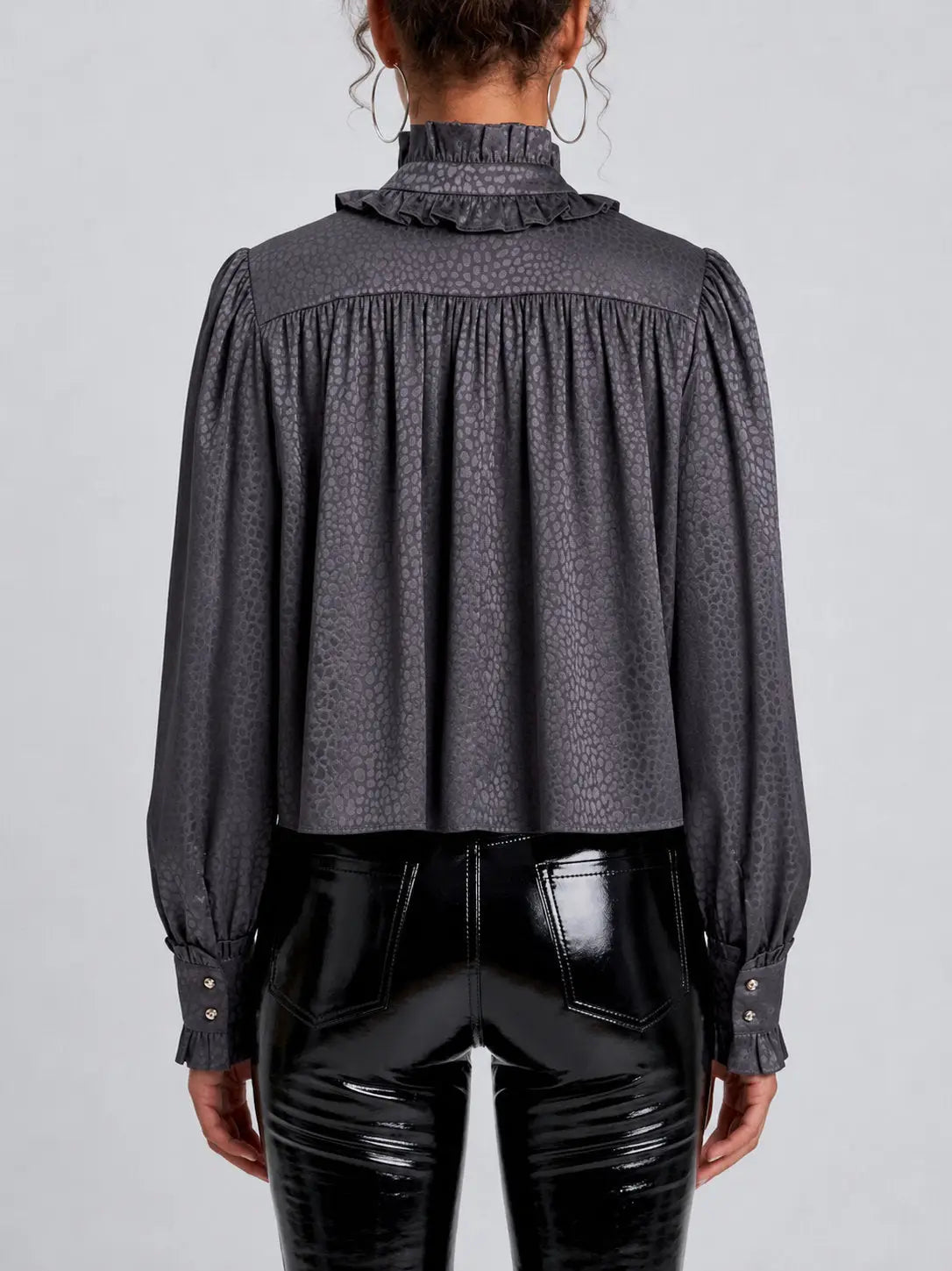 Graphite Ruffle Neck Gathered Blouse