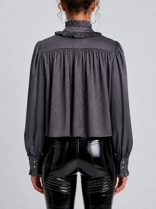 Graphite Ruffle Neck Gathered Blouse - Tops