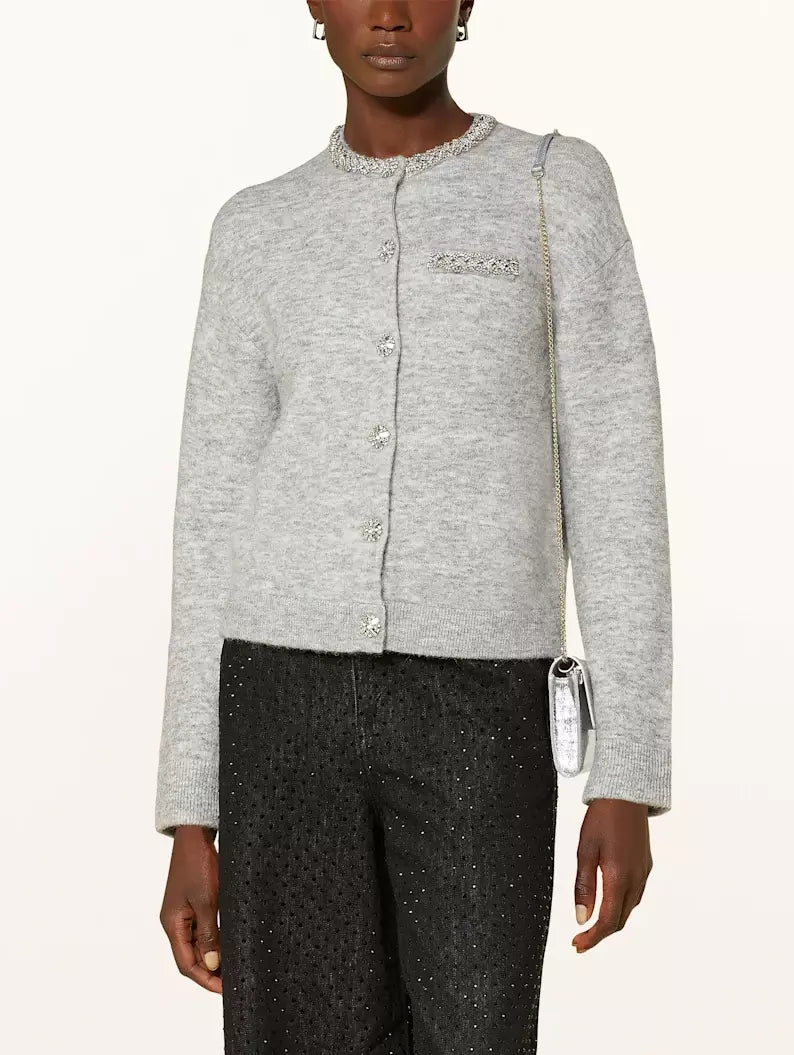 Gray Crystal Trim Cardigan Sweater - Branna Couture