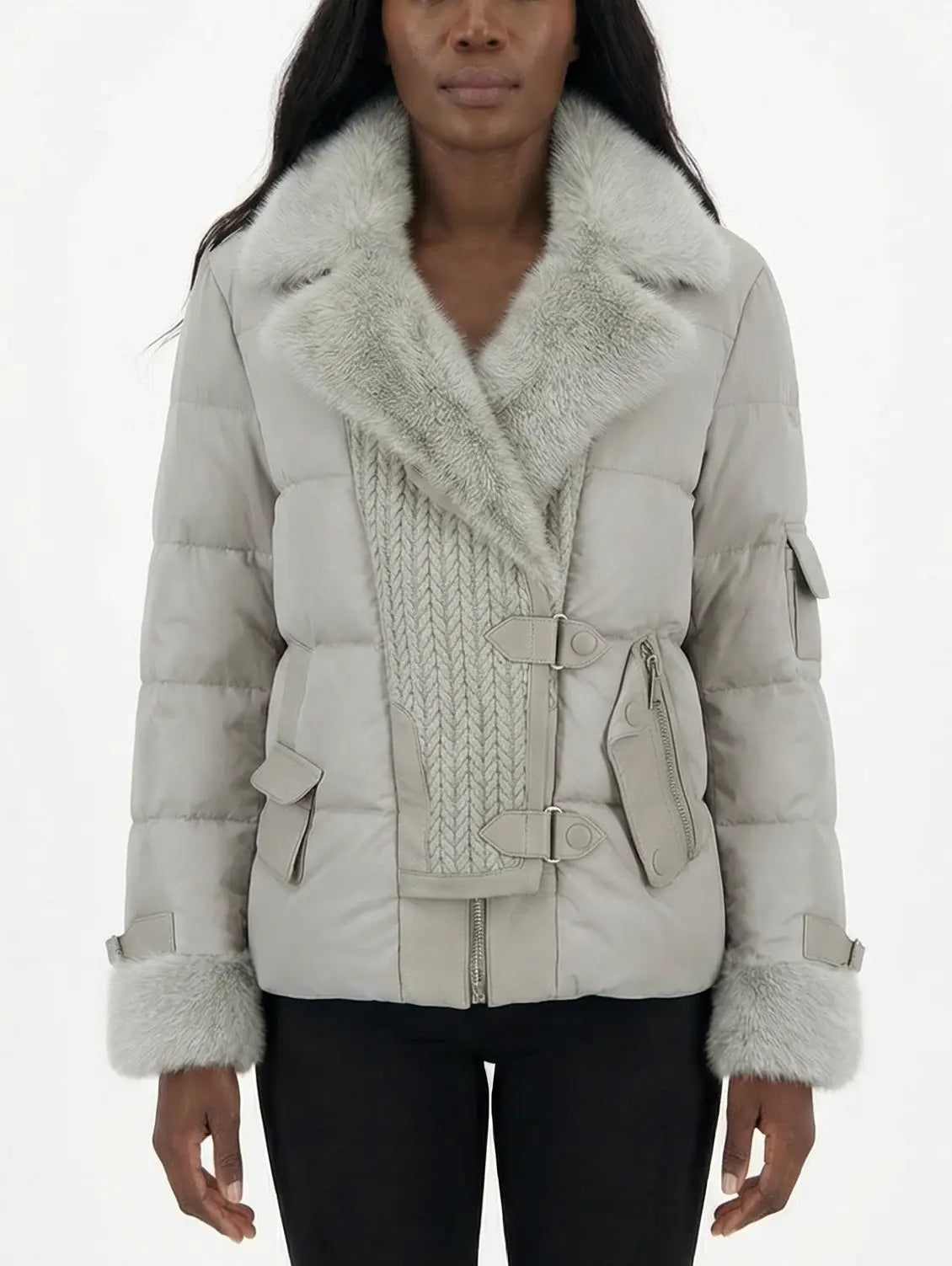 Gray Down Jacket with Mink Fur and Knit Panel - XS - Jackets