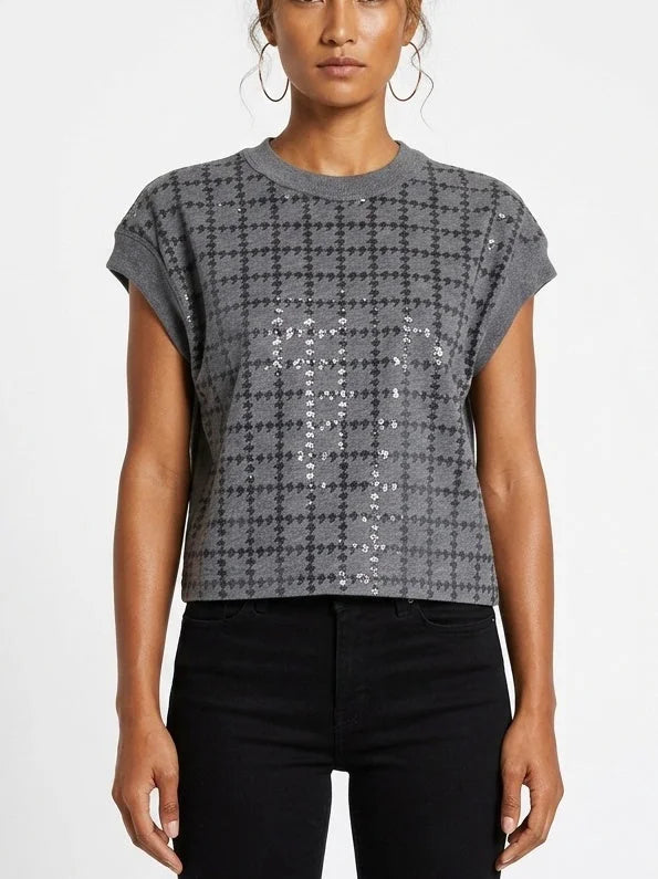Gray Geometric Sequin Short Sleeve Wool Sweater - Small - Sweaters & Knitwear