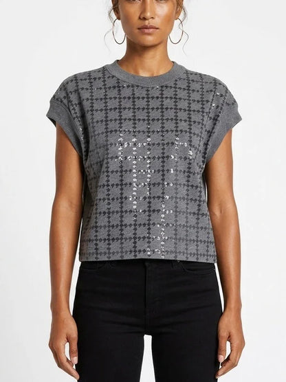 Gray Geometric Sequin Short Sleeve Wool Sweater - Small - Sweaters & Knitwear