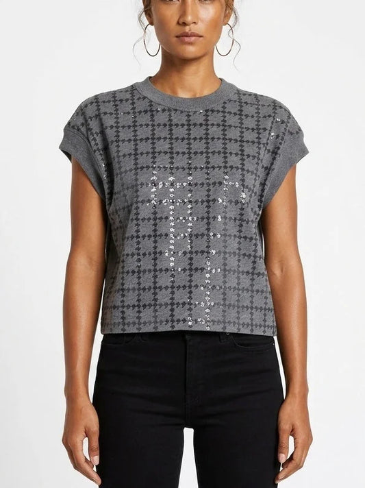 Gray Geometric Sequin Short Sleeve Wool Sweater - Small - Sweaters & Knitwear