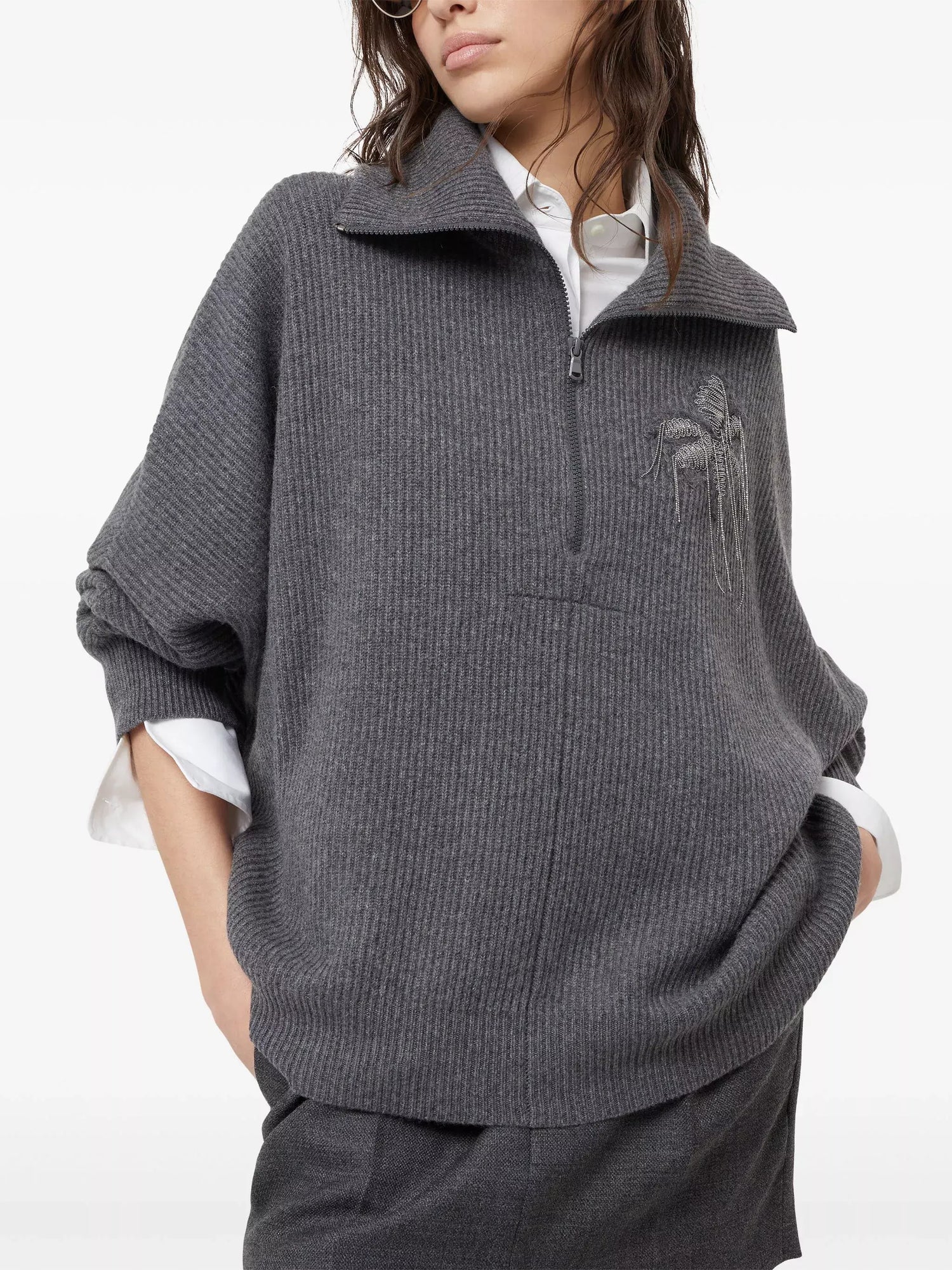 Gray Ribbed Knit Zip-Front Sweater with Flower Embroidery - Branna Couture