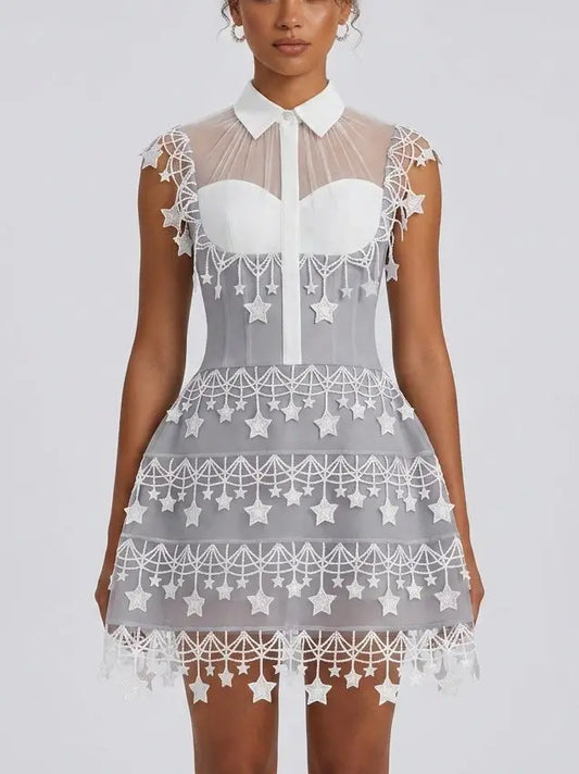 Gray Sheer Star Embellished Collared Mini Dress - S - Dresses