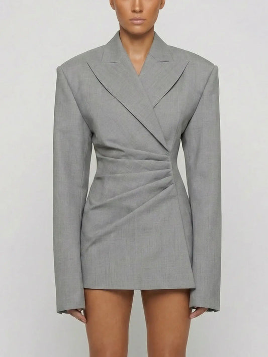 Gray Draped Gathered Tailored Blazer - Jackets