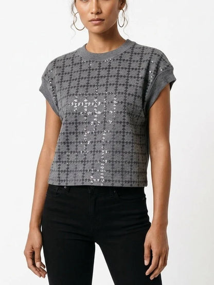 Gray Geometric Sequin Short Sleeve Wool Sweater - Sweaters & Knitwear