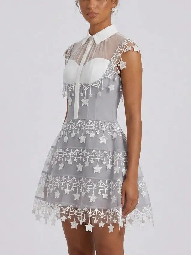 Gray Sheer Star Embellished Collared Mini Dress - Dresses