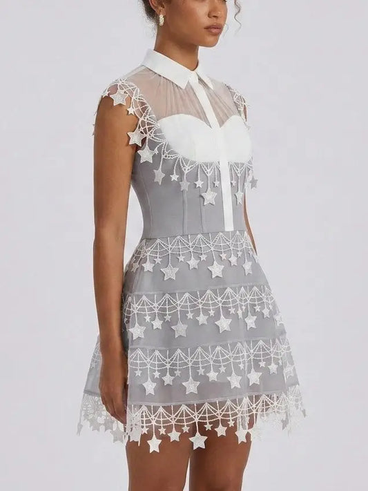 Gray Sheer Star Embellished Collared Mini Dress - Dresses