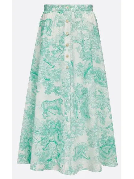 Toile de Jouy Print Mid-Length Skirt in White and Aquamarine/Green - Branna Couture