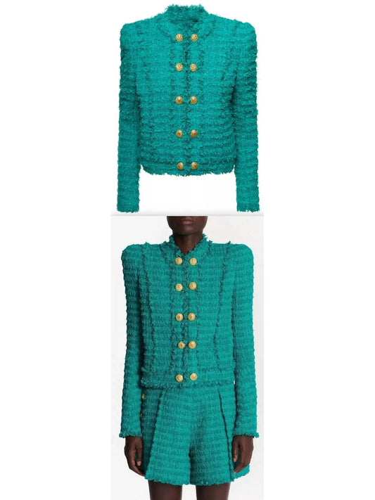 Green Fringed Tweed Jacket - Branna Couture