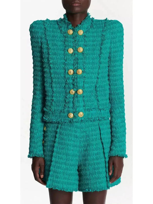 Green Fringed Tweed Jacket - Branna Couture