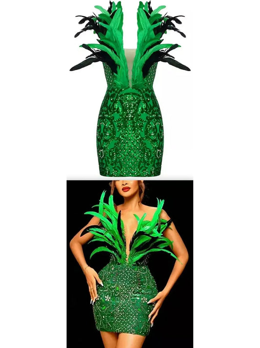 Green Mesh Sequined Feather Mini Dress - Branna Couture