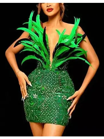 Green Mesh Sequined Feather Mini Dress - Branna Couture